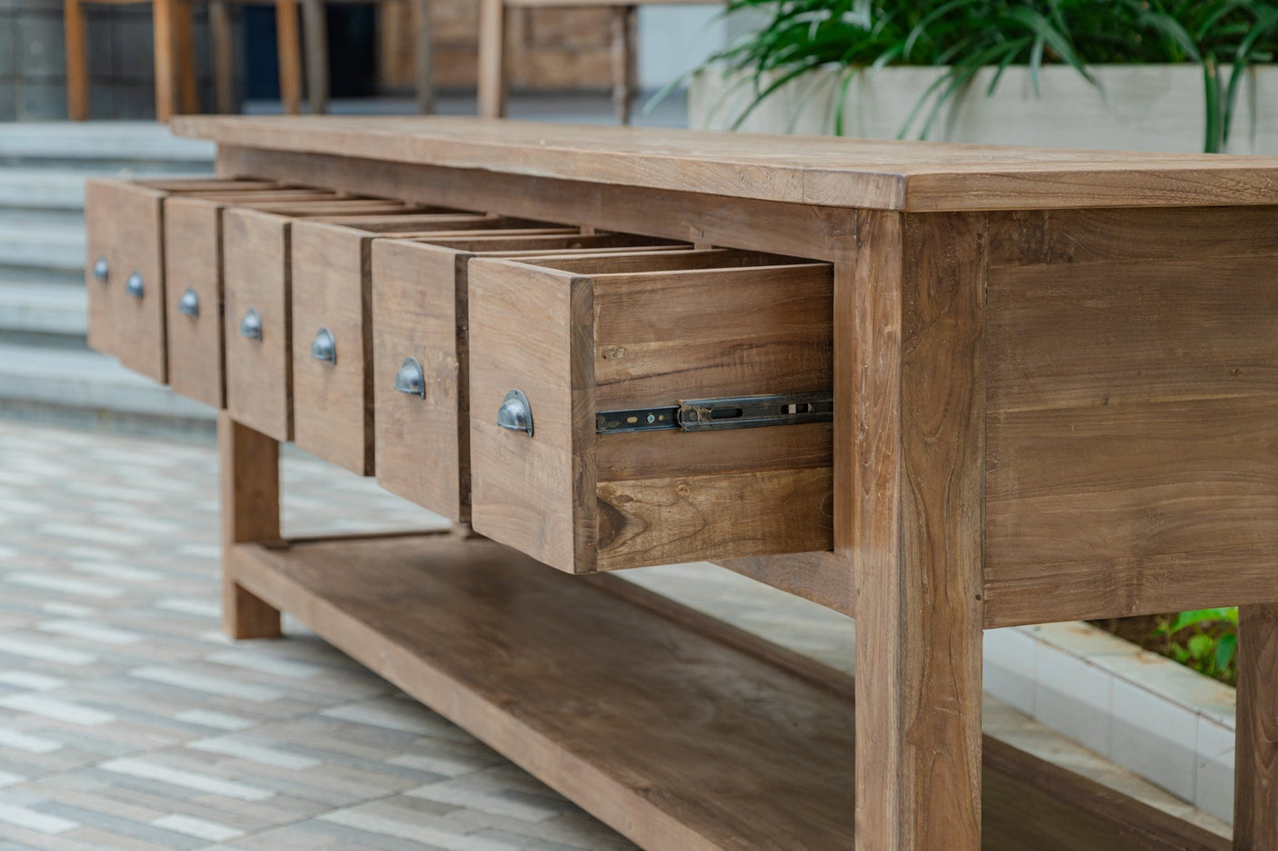 Rustikales Teak Sideboard mit Schubladen – Recyceltes Massivholz 200 / 250 cm