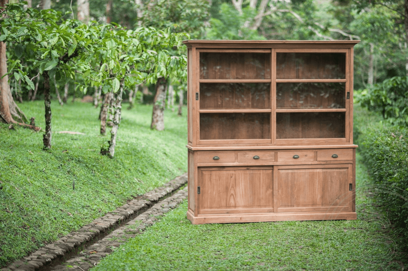 Teak vitrinekast 200cm - Souren Meubels