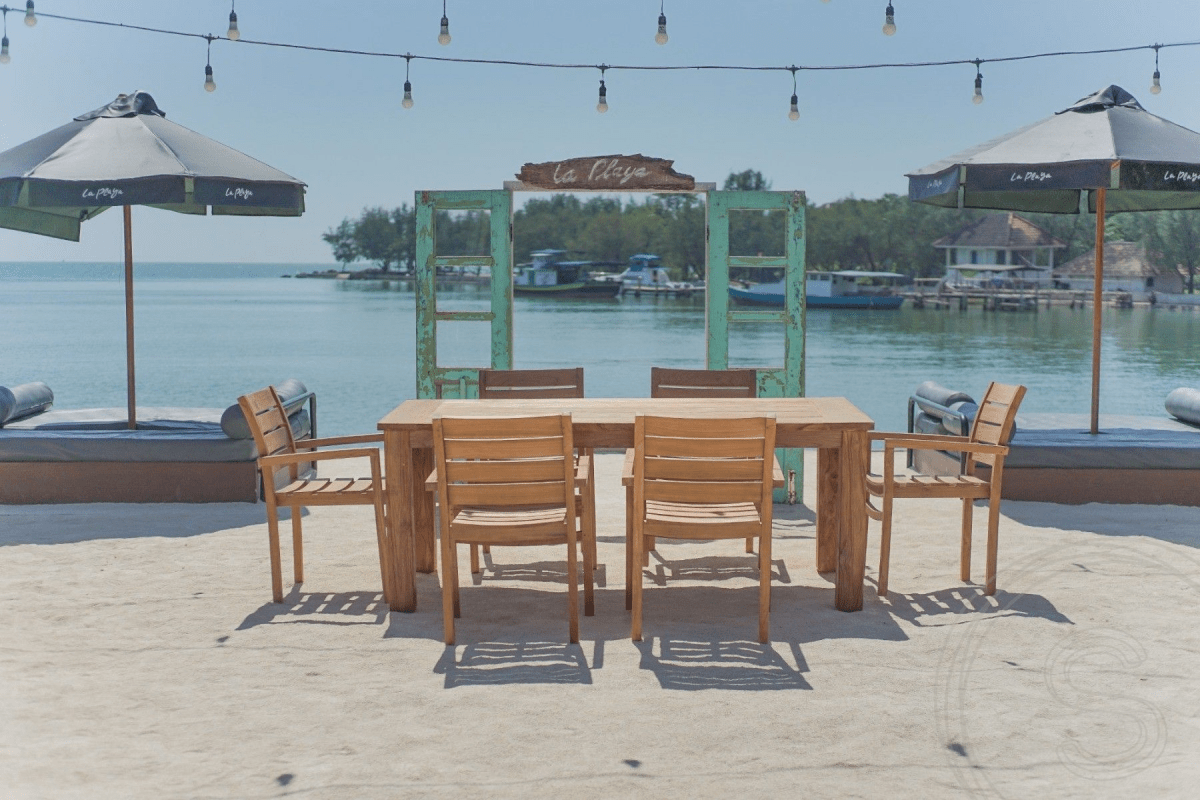 Teak Gartentisch 200 x 100 + 6 Gartenstühle Stacking