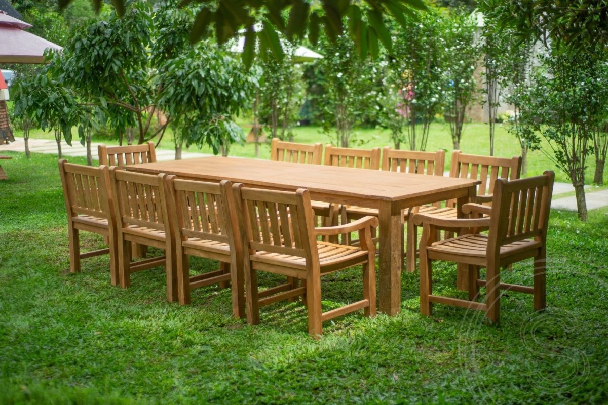Teak Gartentisch 280 x 100 + 10 Gartenstühle Elephant
