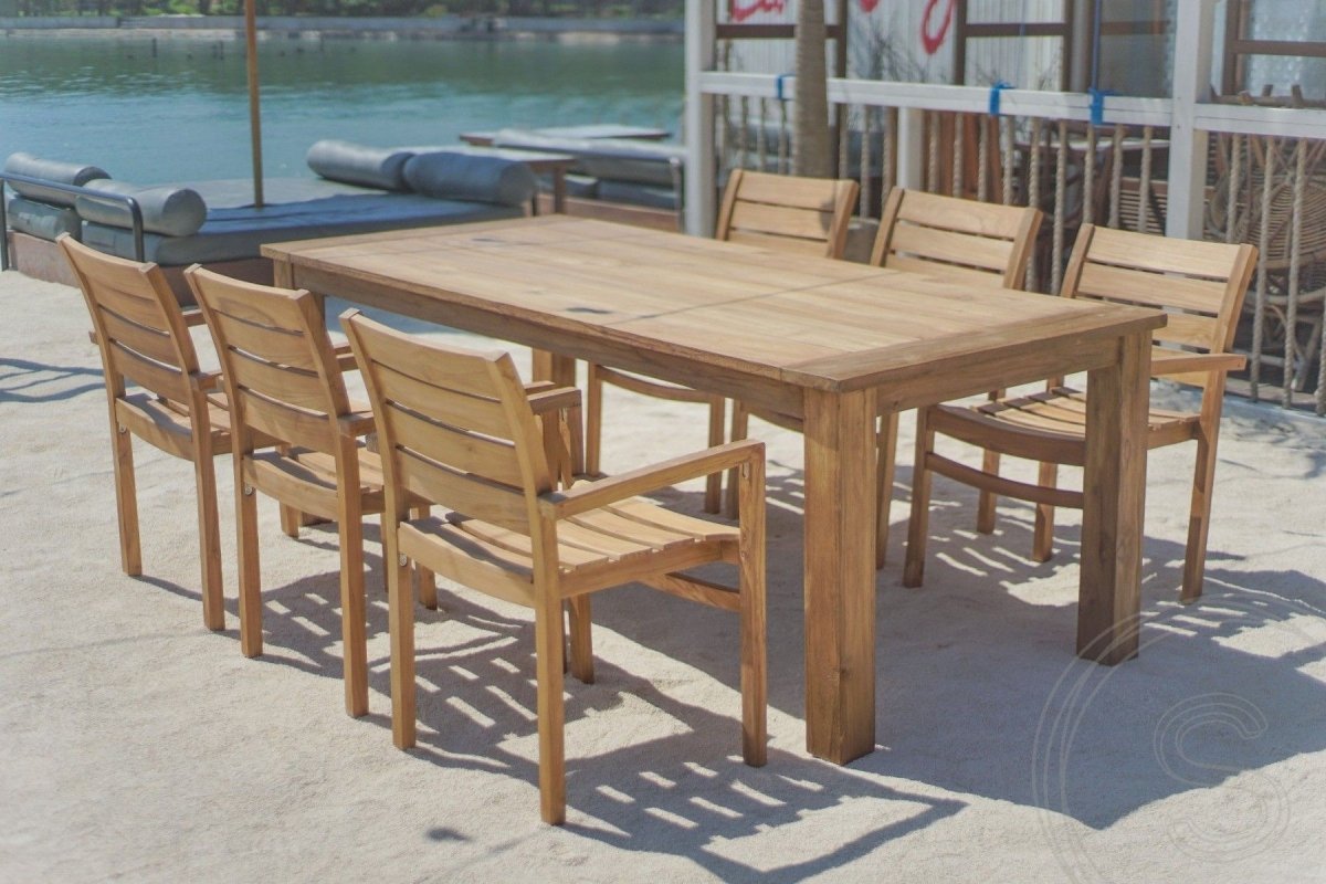 Teak Gartentisch 220 x 100 + 6 Gartenstühle Stacking