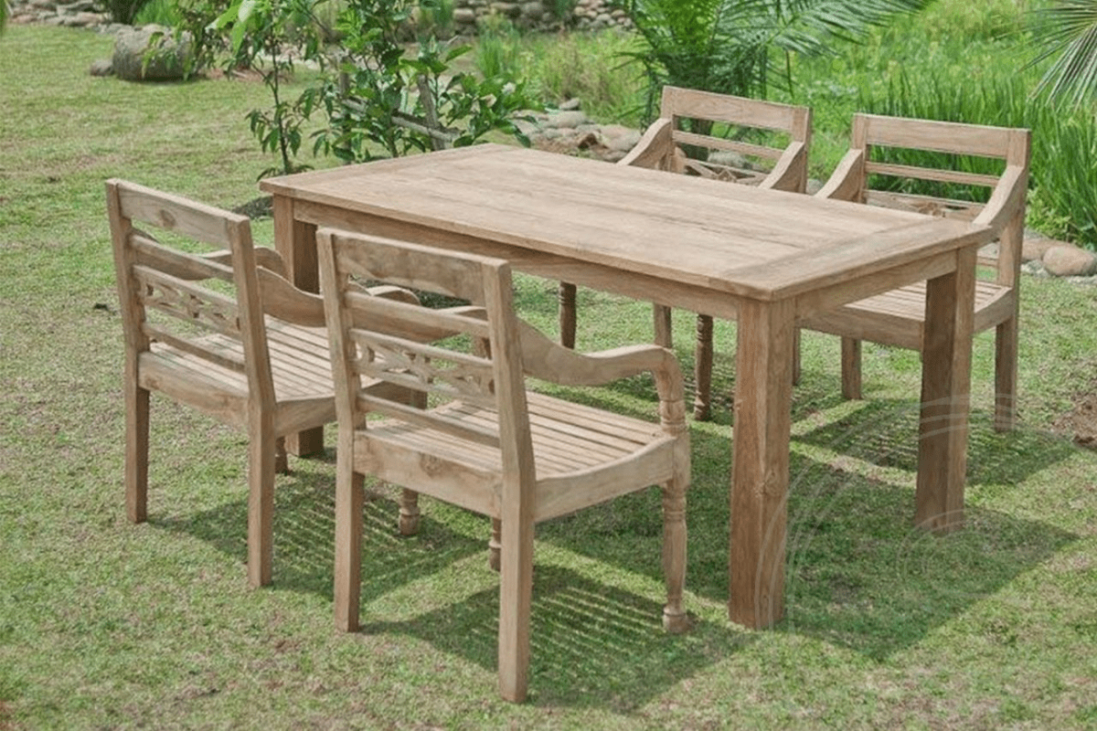 Teak Gartentisch 160x90cm + 4 Bahnhofstühle