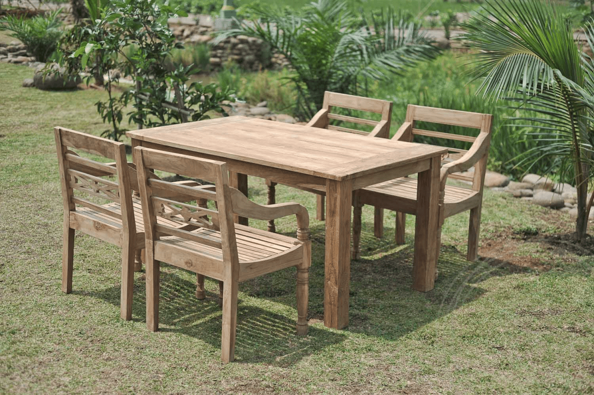 Teak Gartentisch 160x90cm + 4 Bahnhofstühle