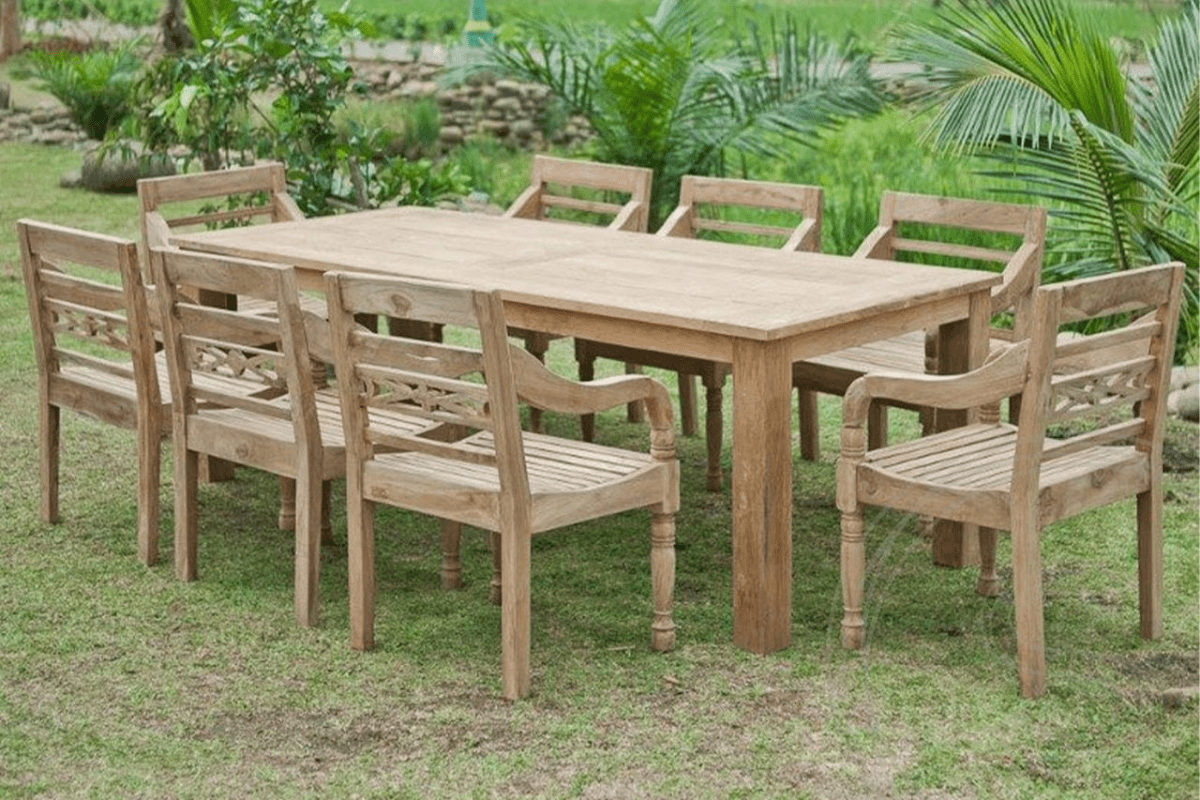 Teak Gartentisch 240x100cm + 8 Bahnhofstühle