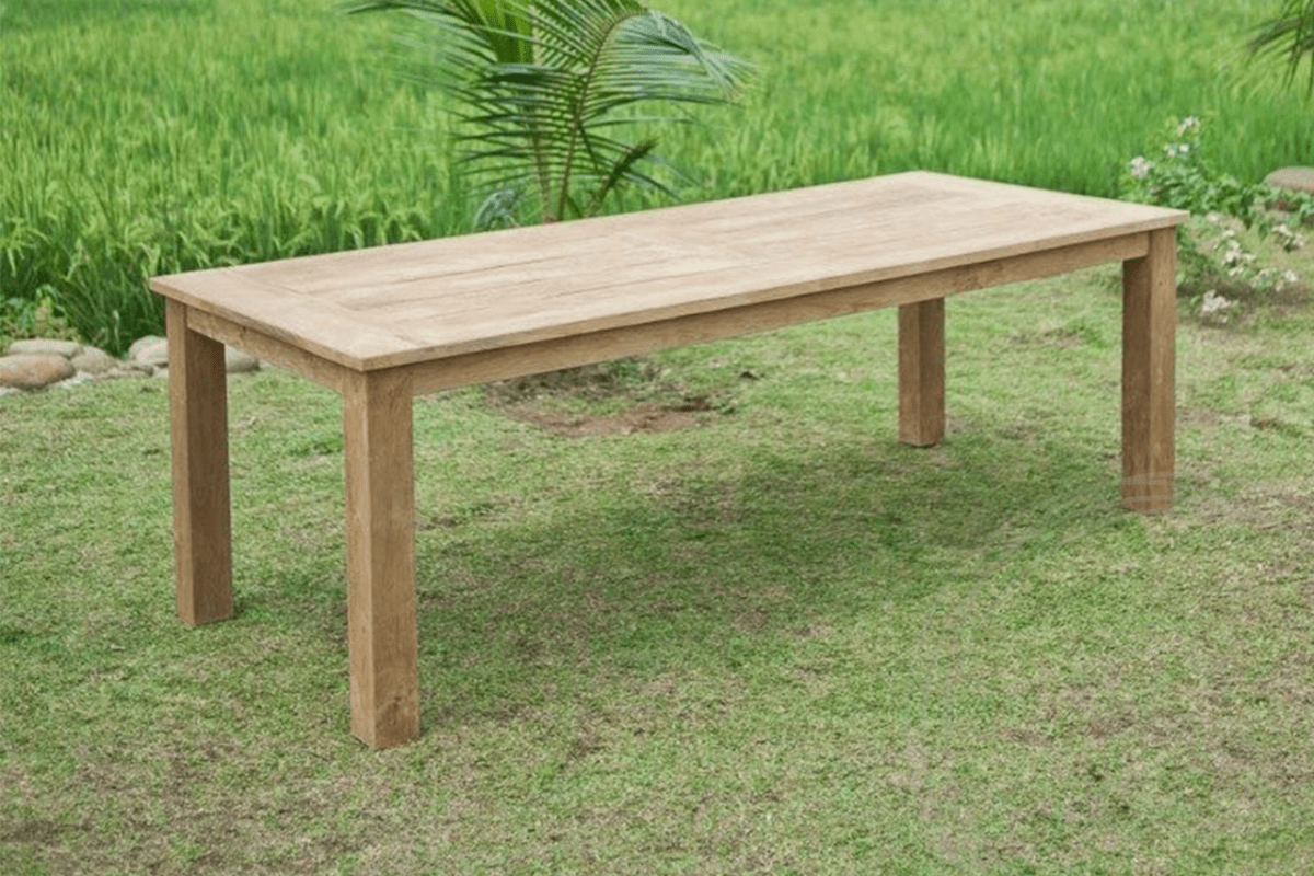 Teak Gartentisch 240x100cm + 8 Bahnhofstühle