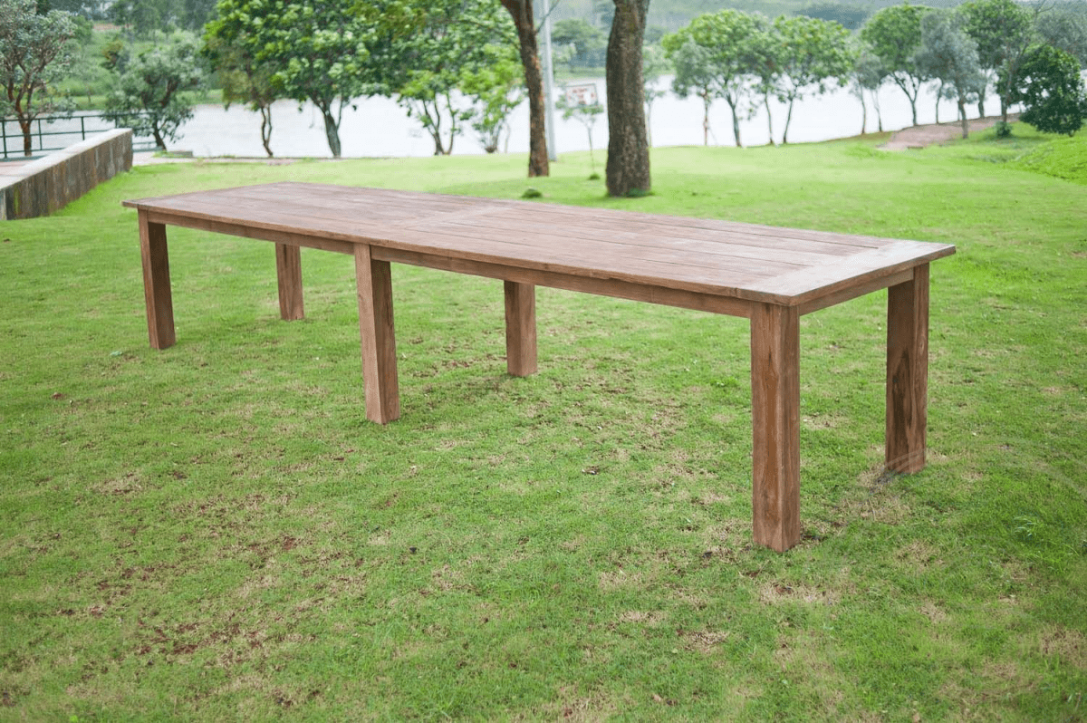 Teak Gartentisch 400x100cm + 12 Bahnhofstühle
