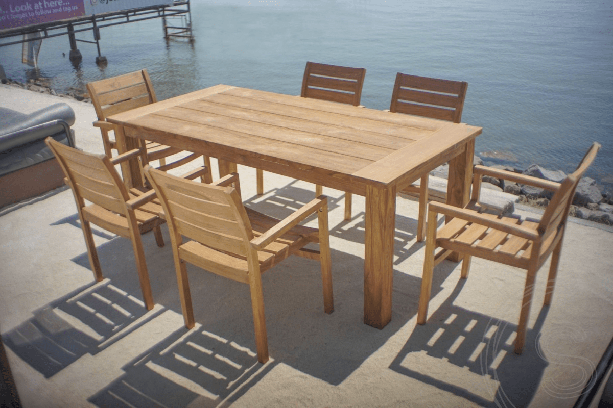 Teak Gartentisch 200 x 90 + 6 Gartenstühle Stacking