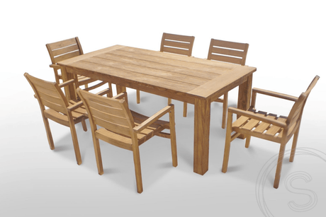 Teak Gartentisch 200 x 90 + 6 Gartenstühle Stacking