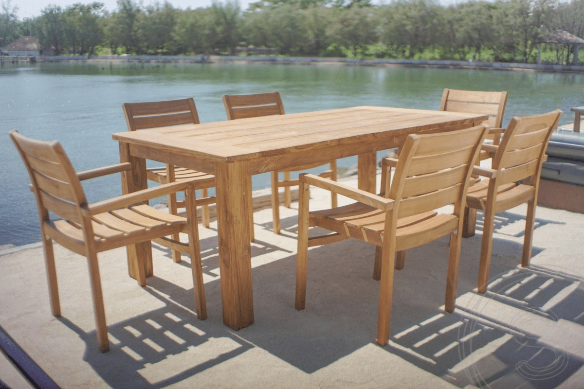 Teak Gartentisch 200 x 90 + 6 Gartenstühle Stacking