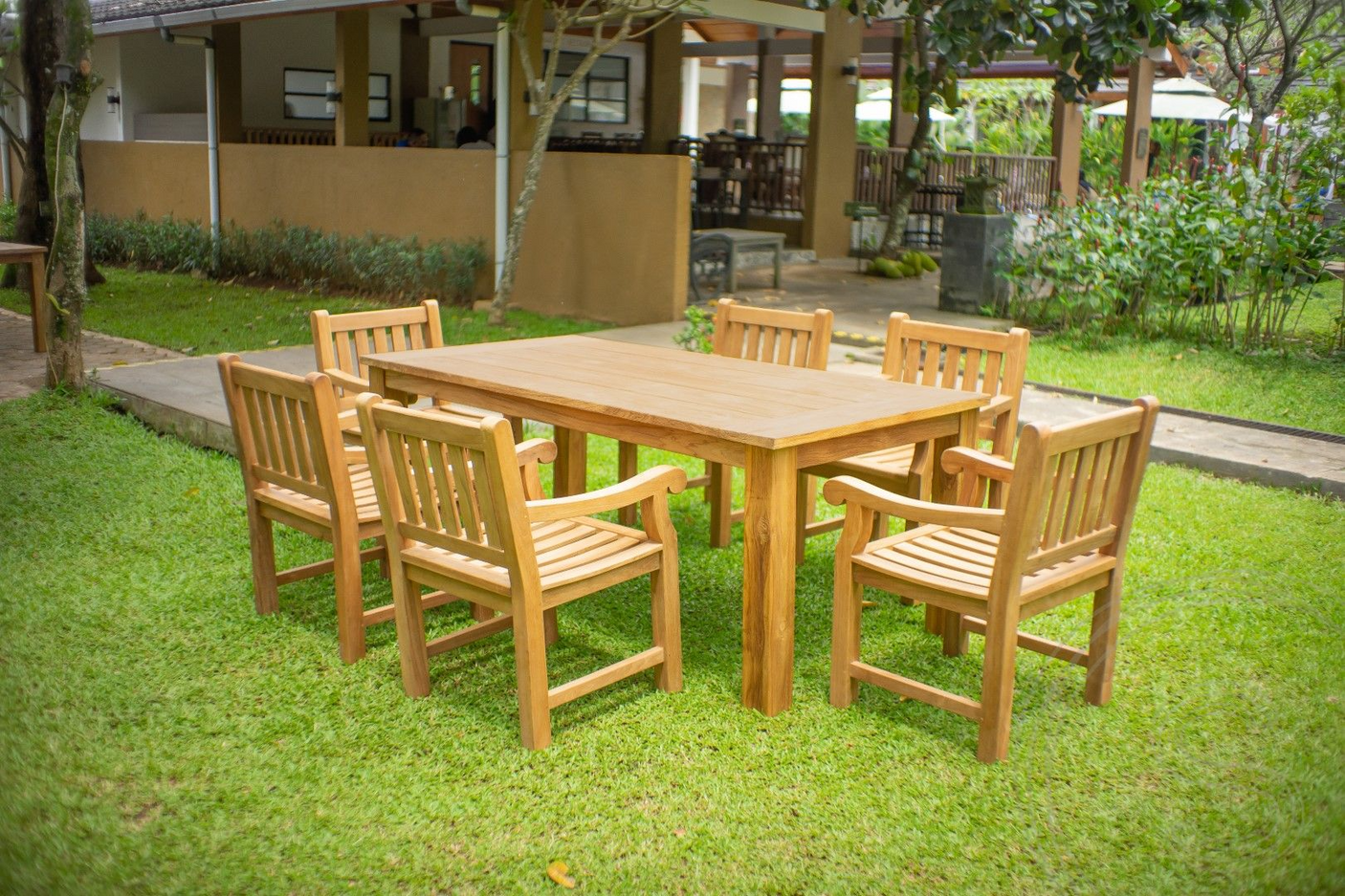 Teak Gartentisch 200 x 90 + 6 Gartenstühle Elephant