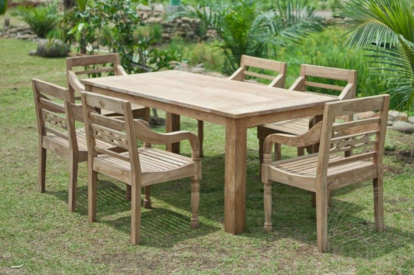 Teak Gartentisch 200x100cm + 6 Bahnhofstühle