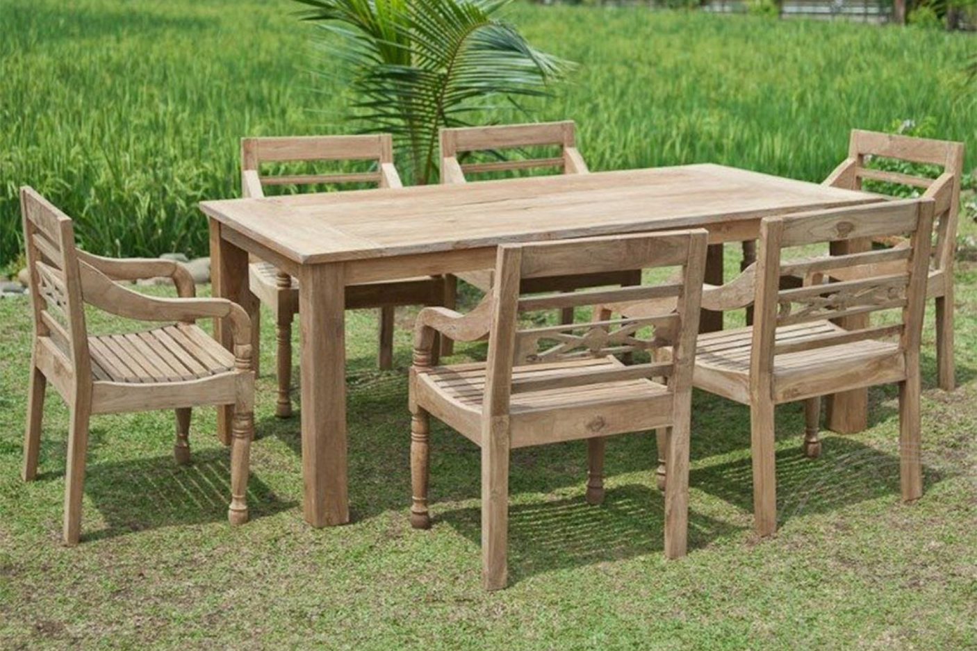 Teak Gartentisch 200x100cm + 6 Bahnhofstühle
