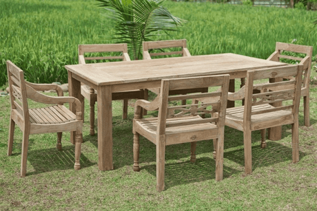 Teak Gartentisch 200x100cm + 6 Bahnhofstühle