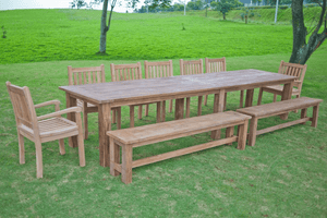 Teak Gartentisch 400x100cm + 7 Beaufort Stühle + 2 Bänke
