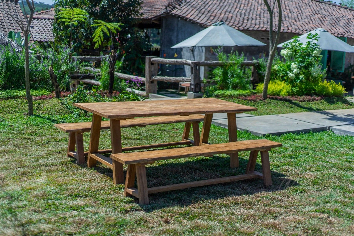 Teak Gartentisch Java 200 x 100 + 2 Teak Gartenbänke Java 200
