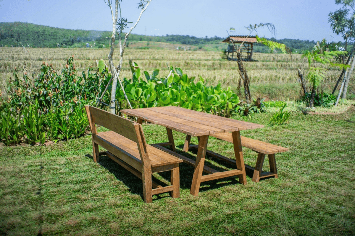 Teak Gartentisch Java 220 x 100 + Teak Gartenbank Java 220 + Teakholz Bank 200 Sandaran
