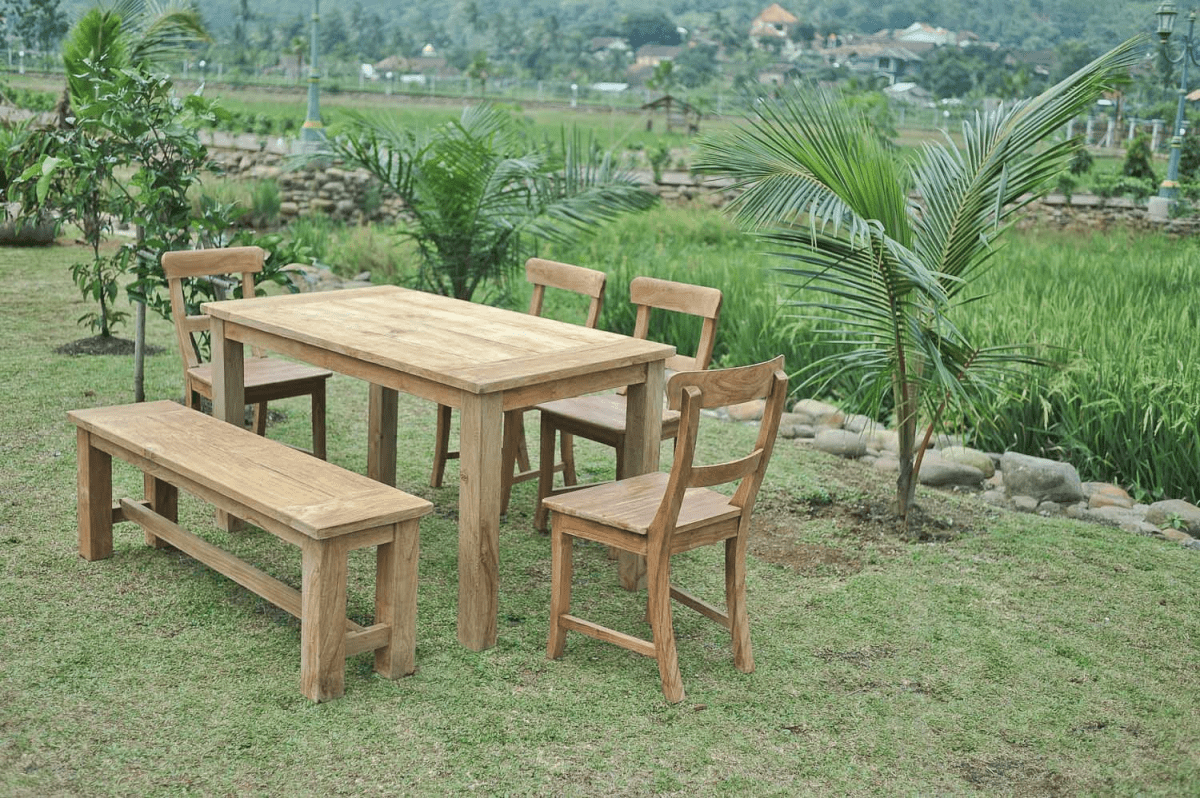 Teak Gartentisch 140x90cm + 4 Stühle + Bank