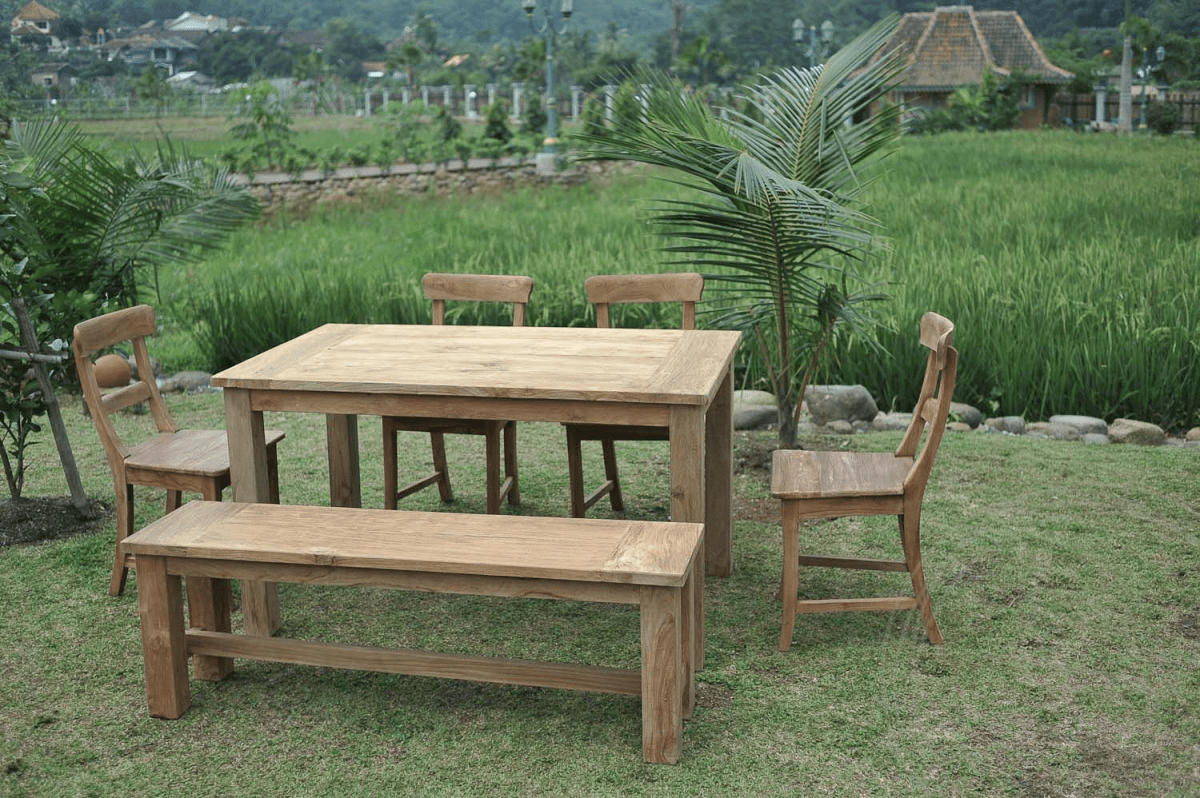 Teak Gartentisch 140x90cm + 4 Stühle + Bank