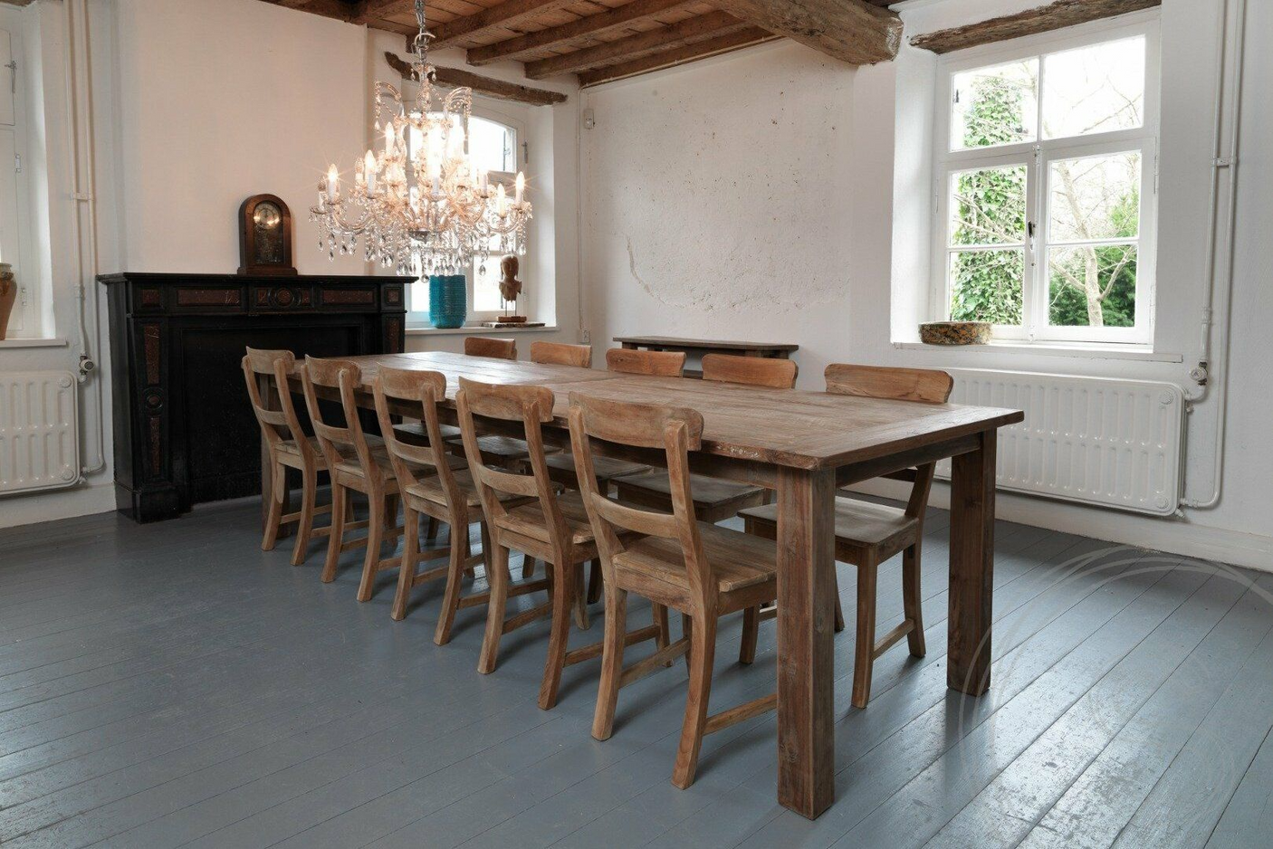 Teak Tisch 300x100cm Rustikal + 10 Stühle
