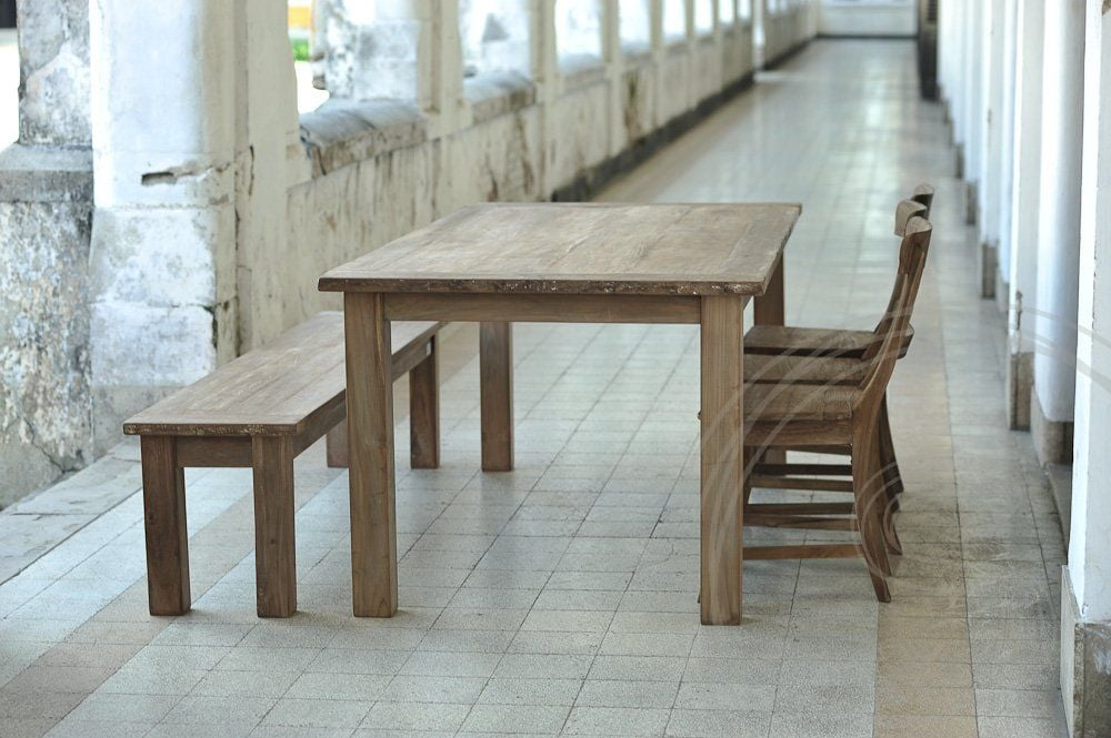 Teak Tisch Rustikal 200x100 + 3 Stühle + Bank