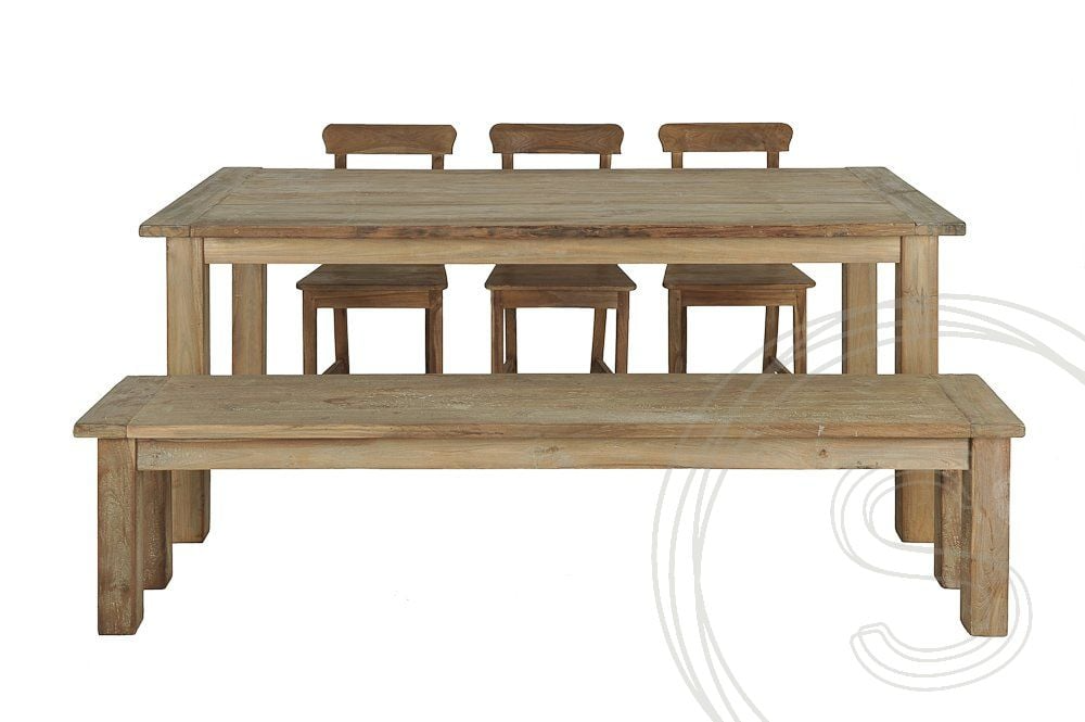 Teak Tisch Rustikal 200x100 + 3 Stühle + Bank