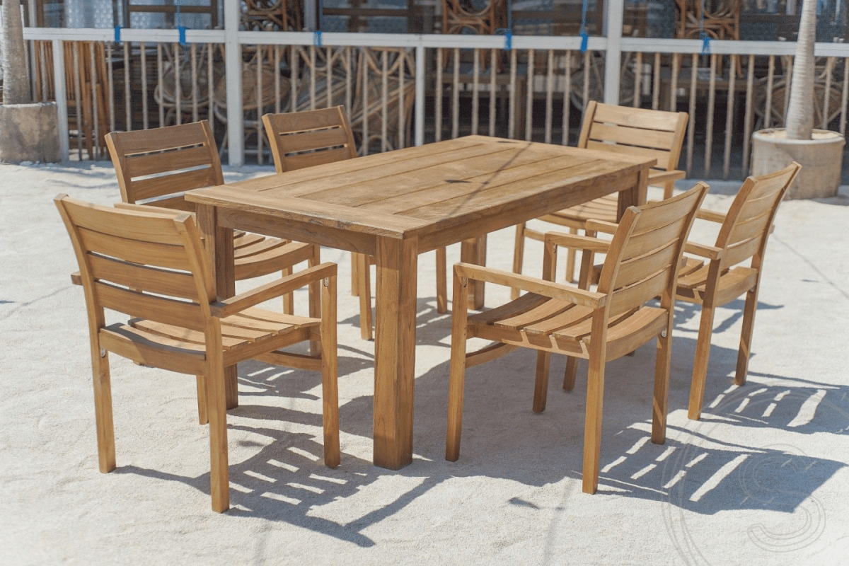 Teak Gartentisch 180 x 90 + 6 Gartenstühle Stacking
