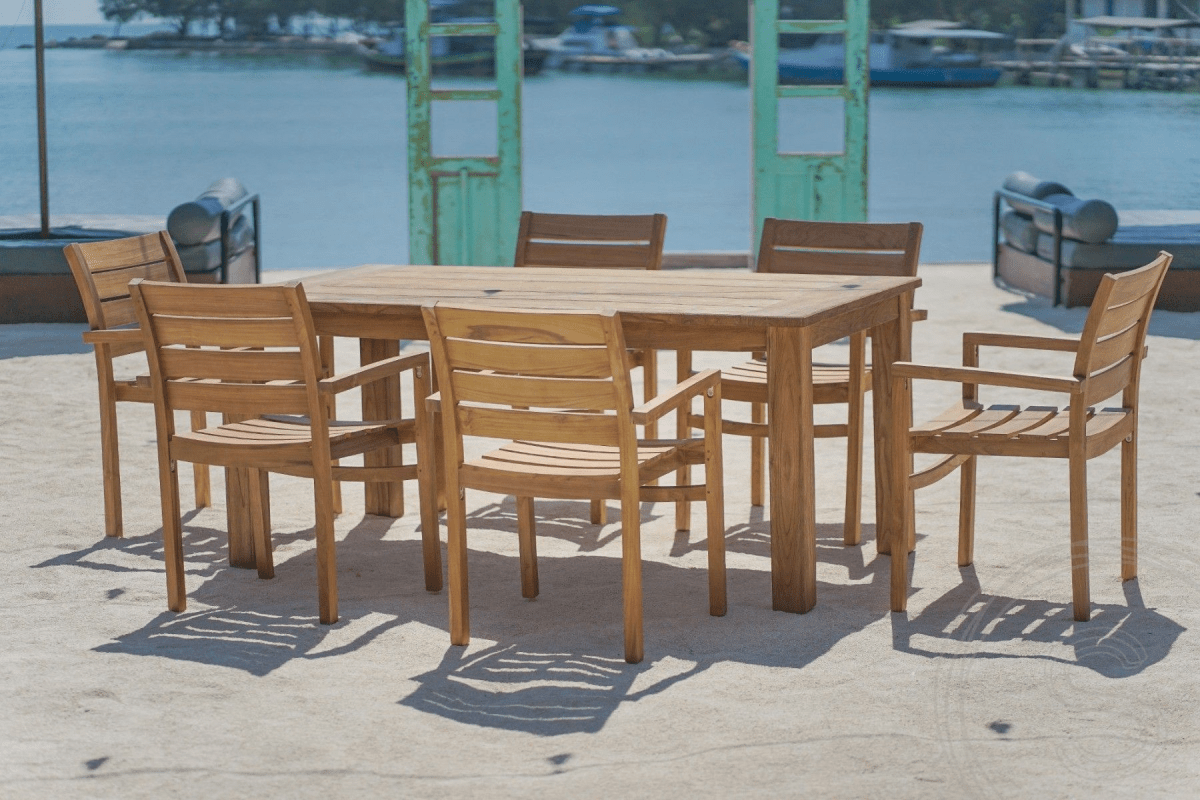 Teak Gartentisch 180 x 90 + 6 Gartenstühle Stacking
