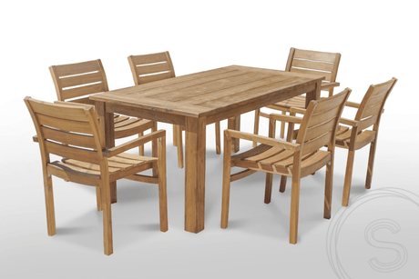 Teak Gartentisch 180 x 90 + 6 Gartenstühle Stacking
