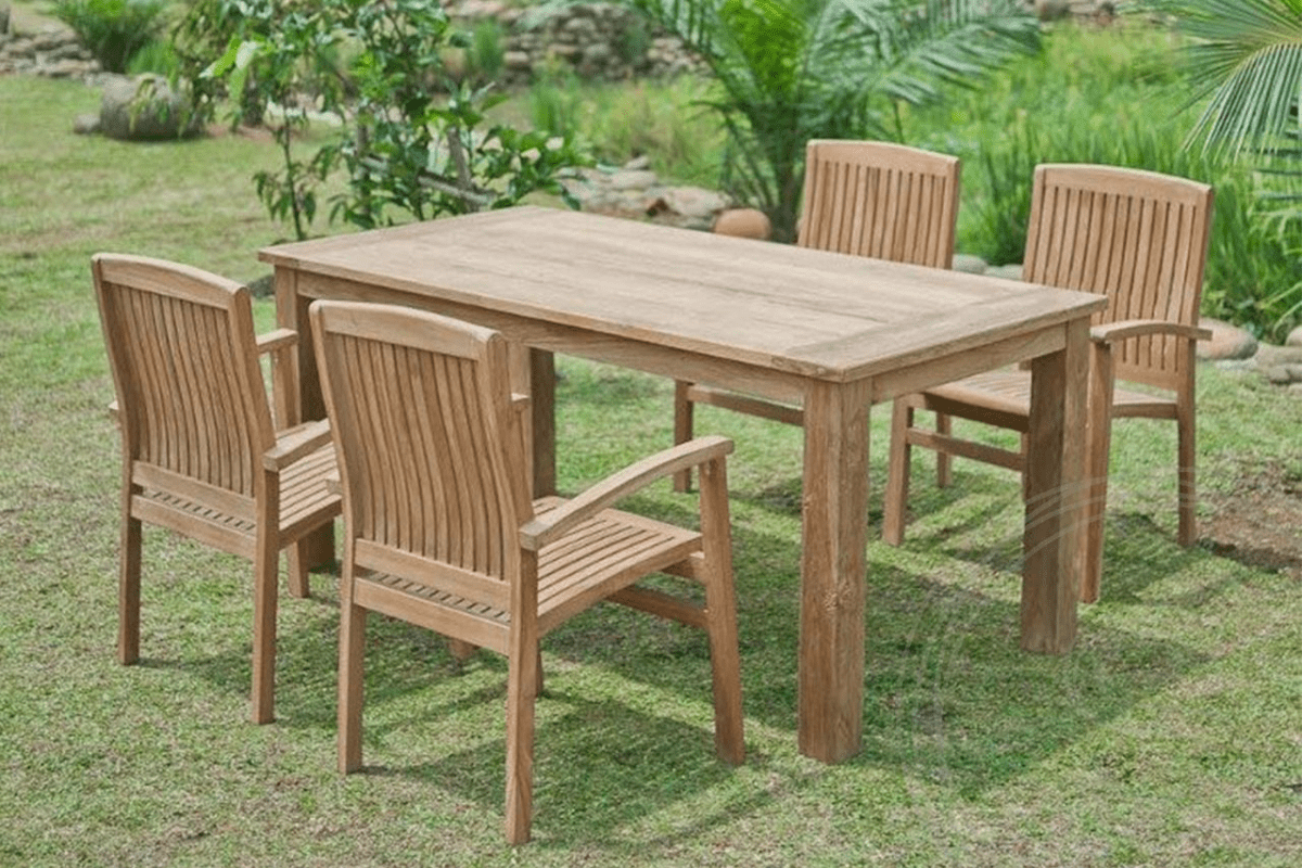 Teak Gartentisch 180x90cm + 4 Stapelstühle