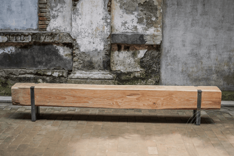 Teak balk bank met staal 265cm - Souren Meubels