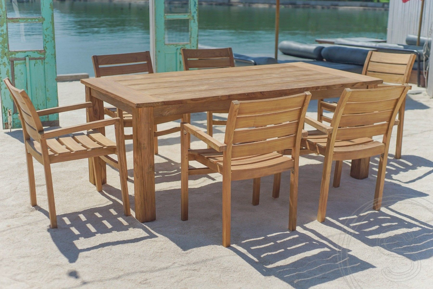 Teak Gartentisch 200 x 100 + 6 Gartenstühle Stacking