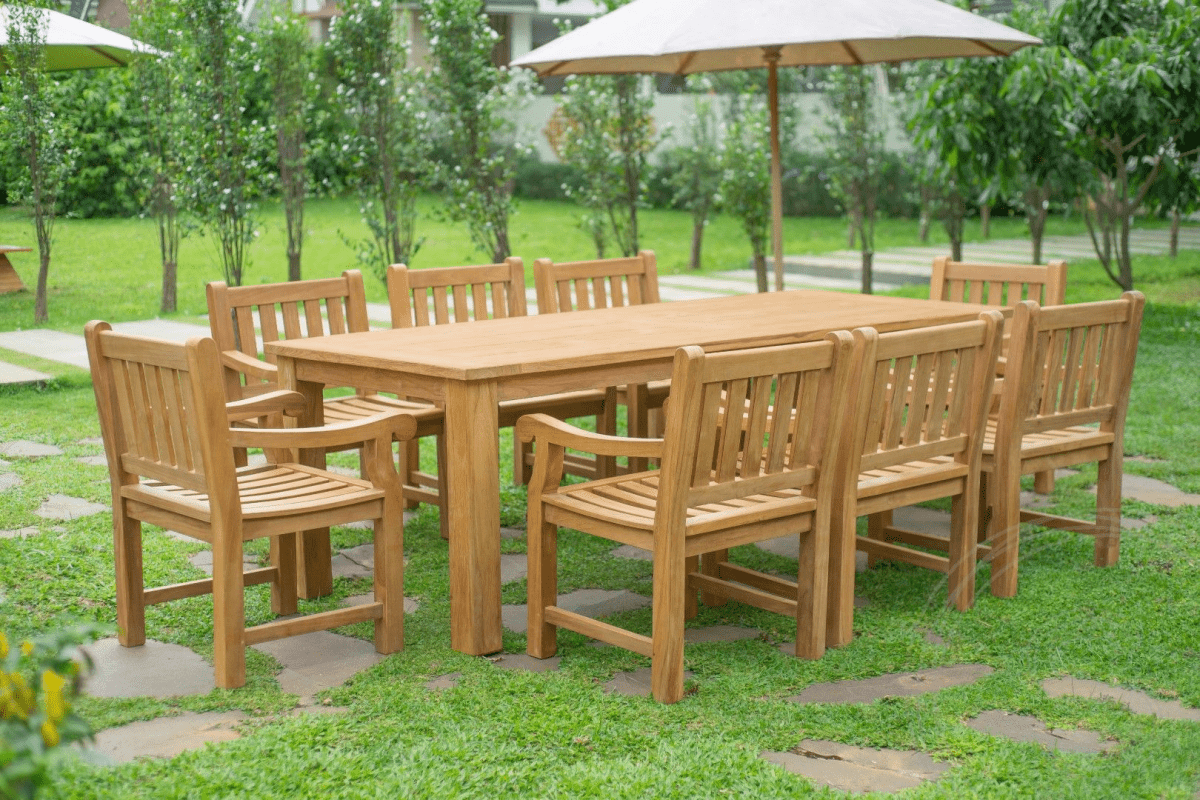 Teak Gartentisch 240 x 100 + 8 Gartenstühle Elephant