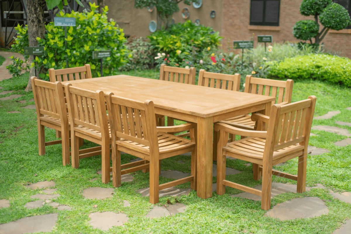 Teak Gartentisch 240 x 100 + 8 Gartenstühle Elephant