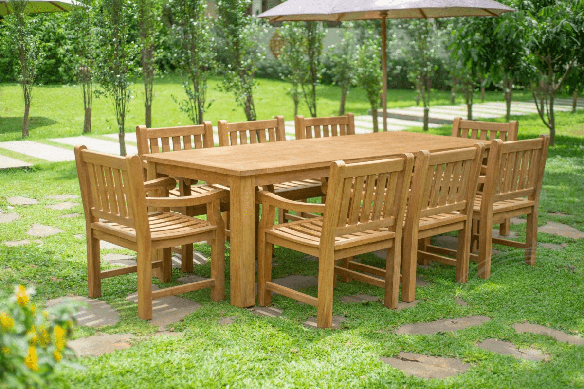 Teak Gartentisch 240 x 100 + 8 Gartenstühle Elephant