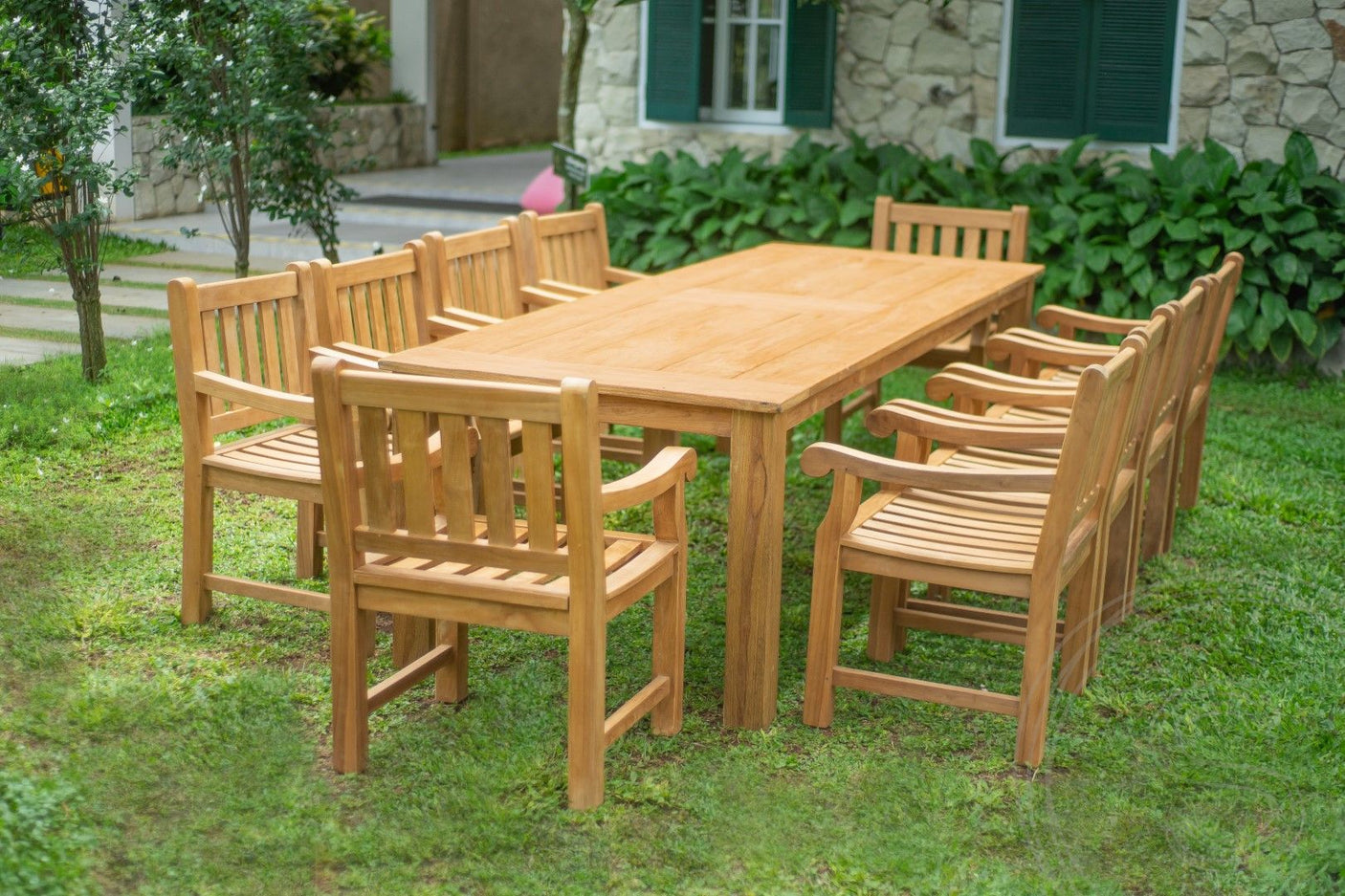 Teak Gartentisch 280 x 100 + 10 Gartenstühle Elephant