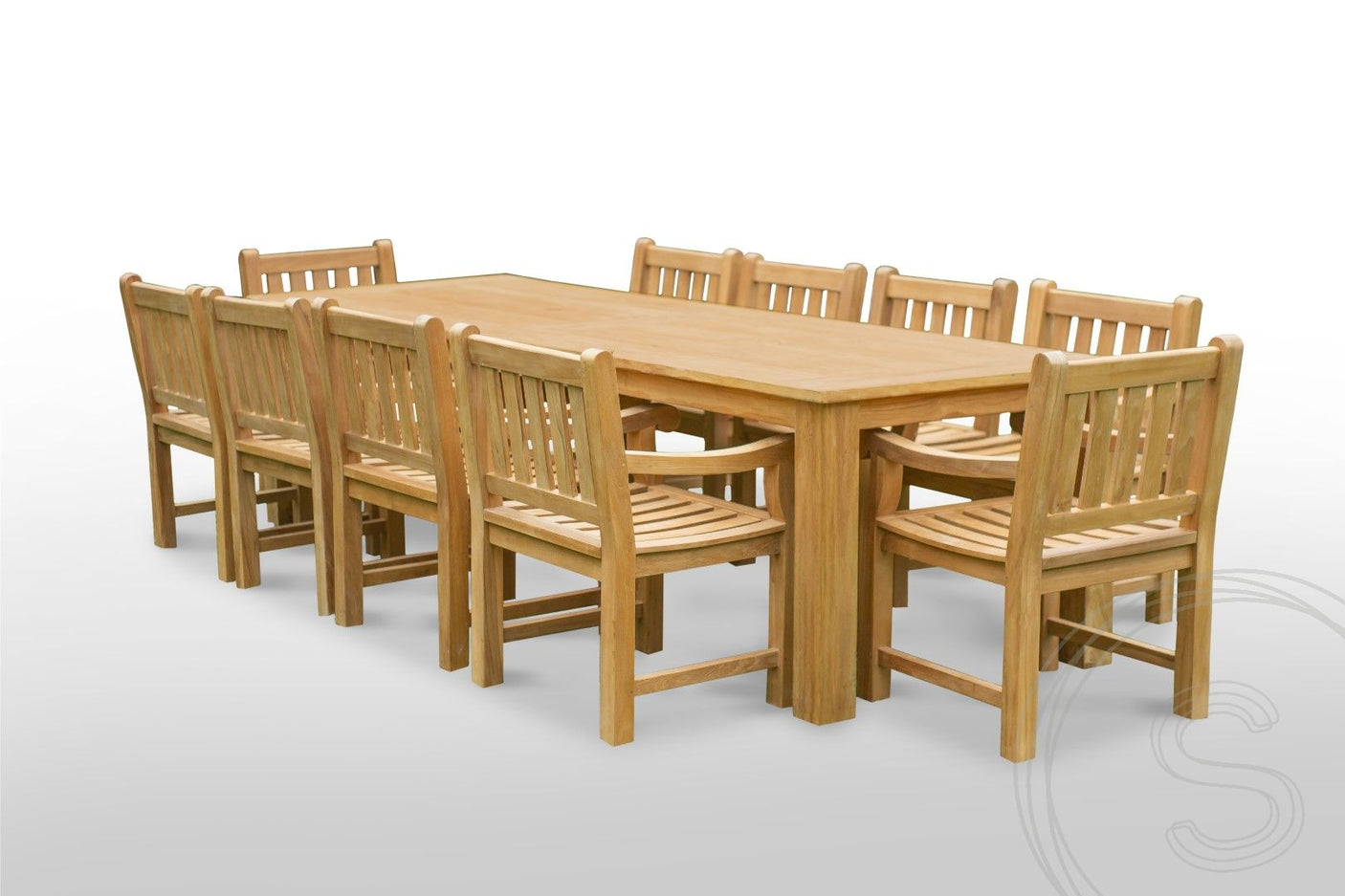 Teak Gartentisch 280 x 100 + 10 Gartenstühle Elephant