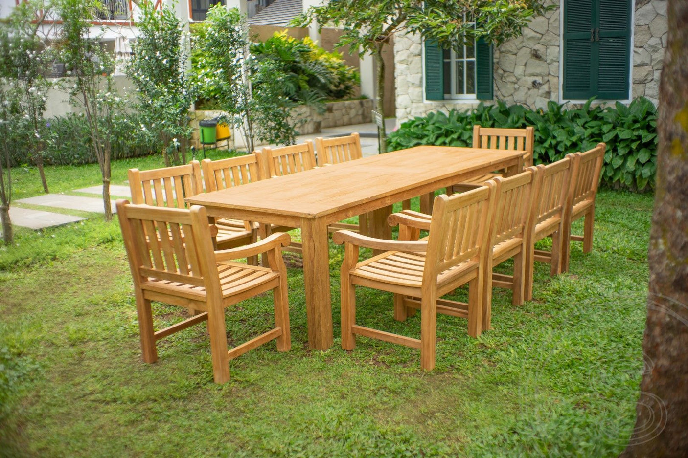 Teak Gartentisch 280 x 100 + 10 Gartenstühle Elephant