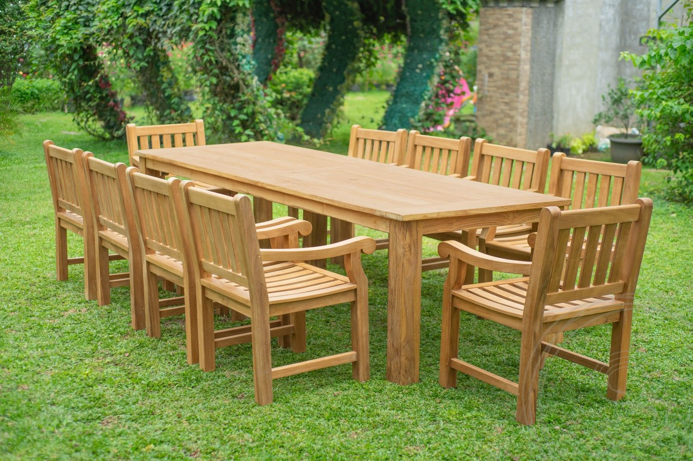 Teak Gartentisch 300 x 100 + 10 Gartenstühle Elephant