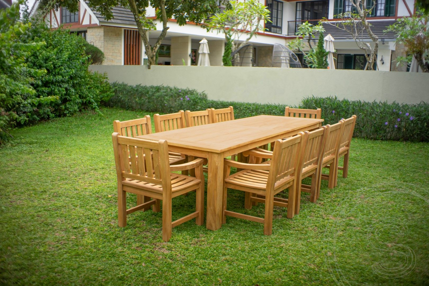 Teak Gartentisch 300 x 100 + 10 Gartenstühle Elephant