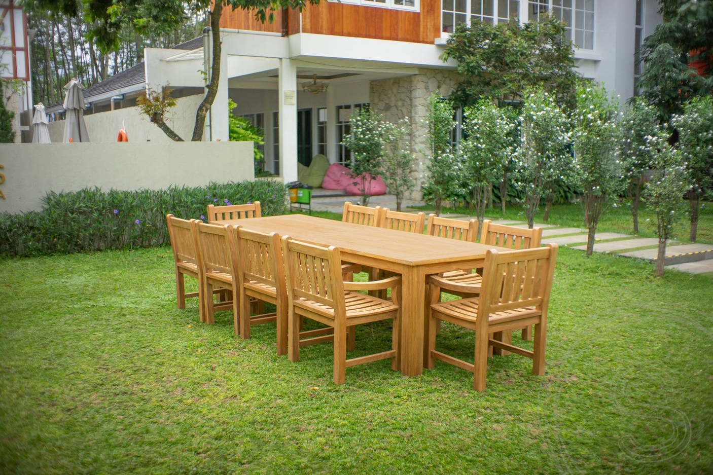 Teak Gartentisch 300 x 100 + 10 Gartenstühle Elephant