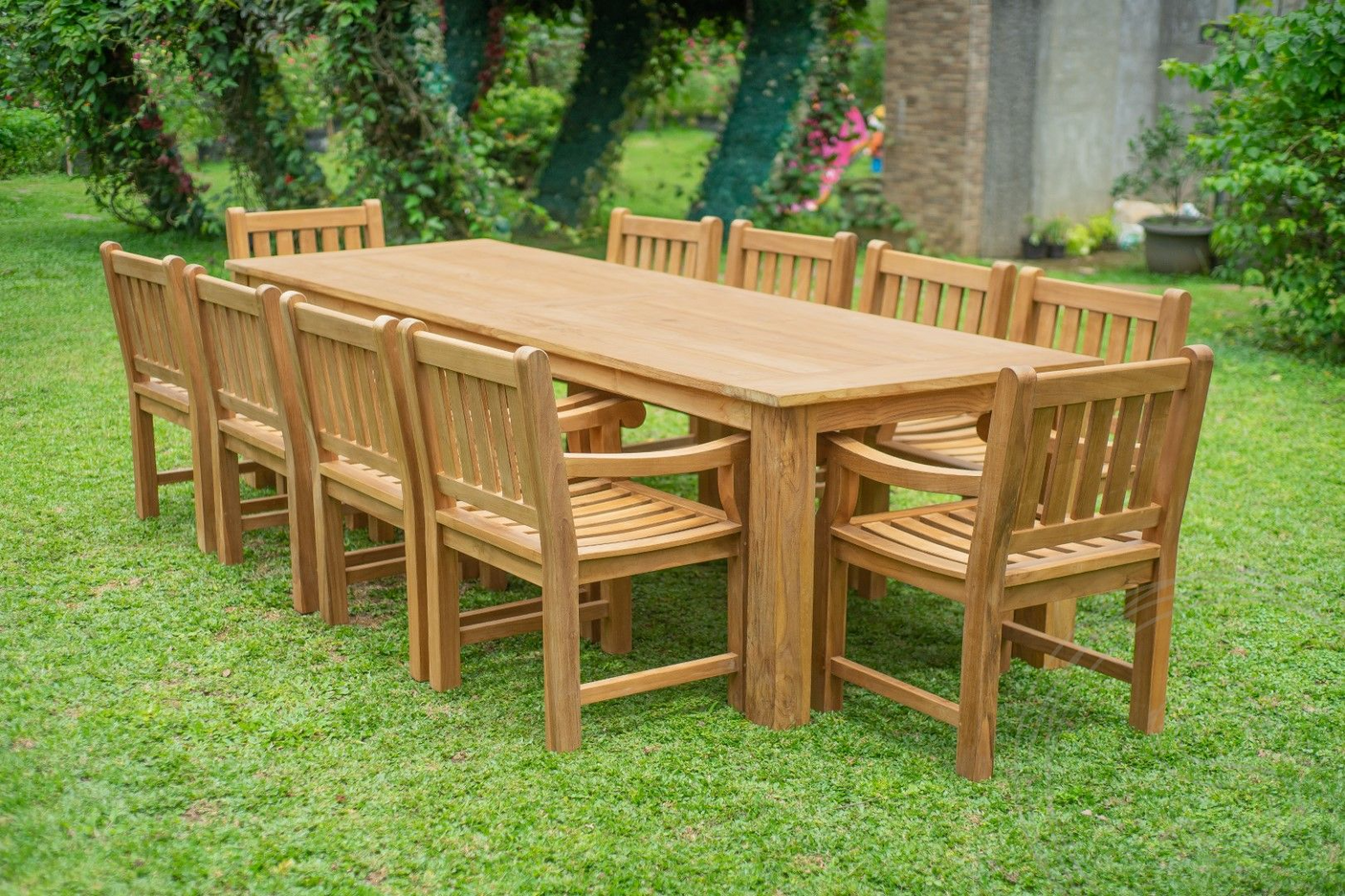 Teak Gartentisch 300 x 100 + 10 Gartenstühle Elephant