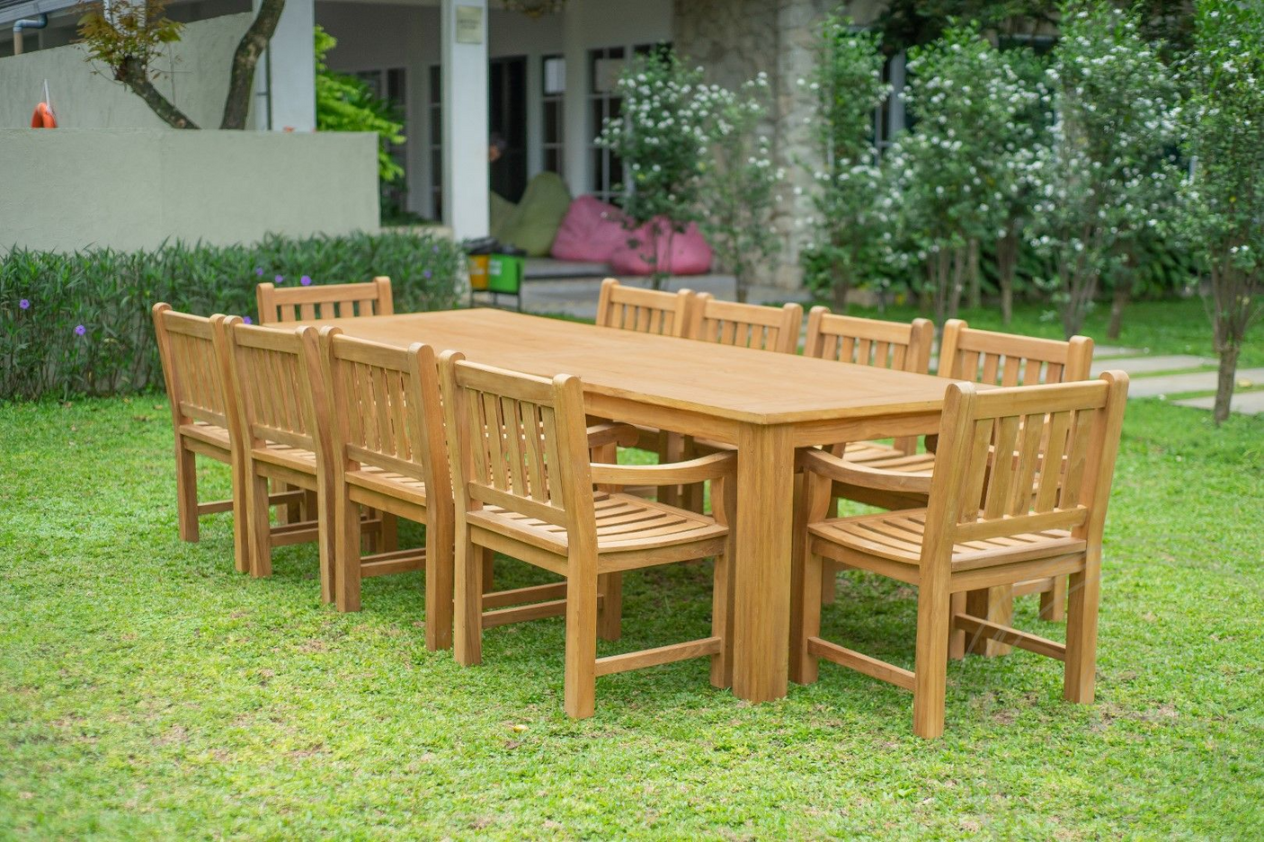 Teak Gartentisch 300 x 100 + 10 Gartenstühle Elephant
