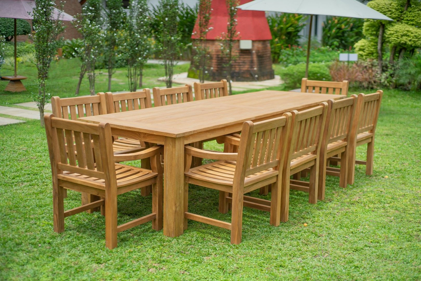 Teak Gartentisch 300 x 100 + 10 Gartenstühle Elephant