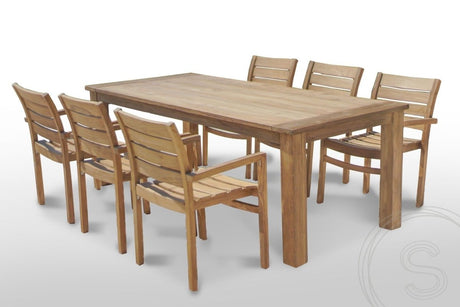 Teak Gartentisch 220 x 100 + 6 Gartenstühle Stacking