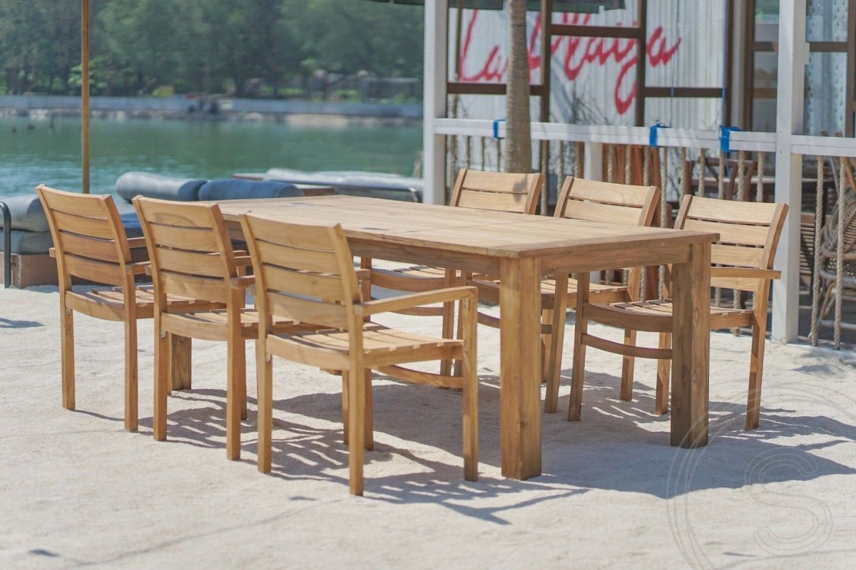 Teak Gartentisch 220 x 100 + 6 Gartenstühle Stacking
