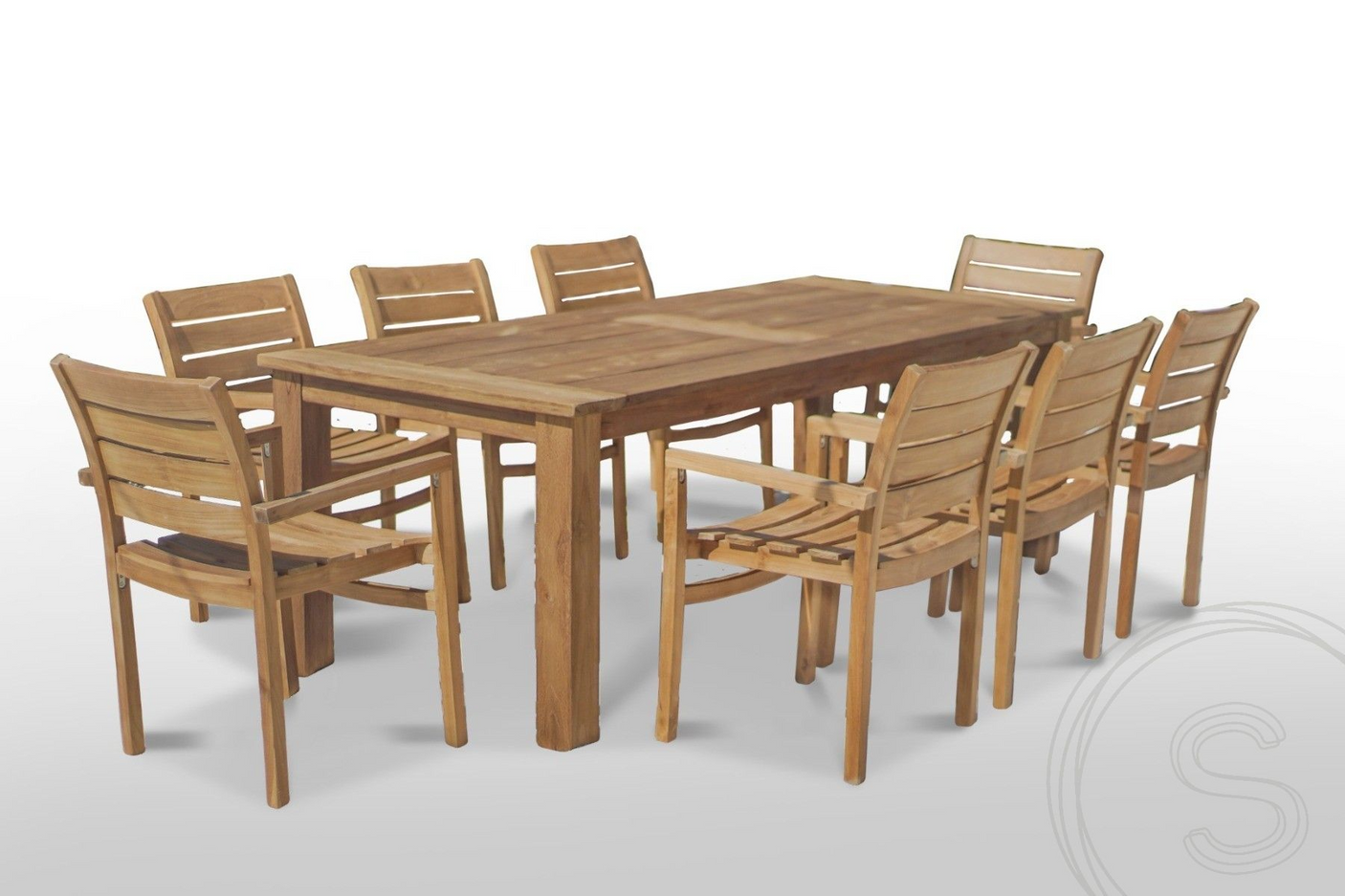 Teak Gartentisch 240 x 100 + 8 Gartenstühle Stacking
