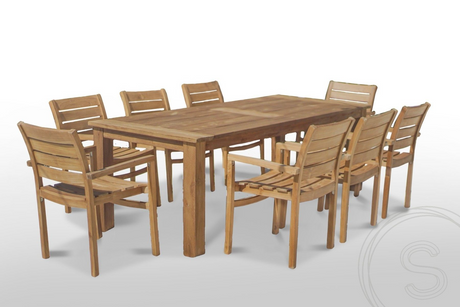 Teak Gartentisch 240 x 100 + 8 Gartenstühle Stacking
