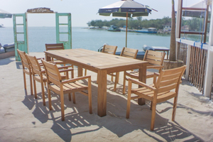 Teak Gartentisch 240 x 100 + 8 Gartenstühle Stacking
