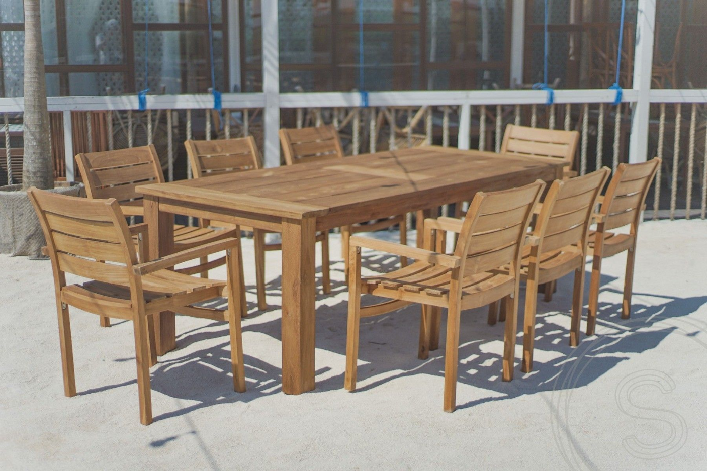 Teak Gartentisch 240 x 100 + 8 Gartenstühle Stacking
