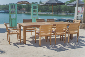 Teak Gartentisch 260 x 100 + 8 Gartenstühle Stacking

